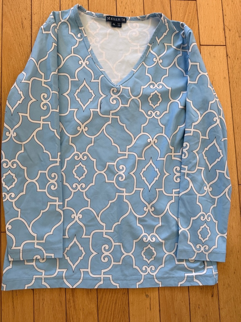 Melly M Sky Blue & White Geometric V-Neck Top